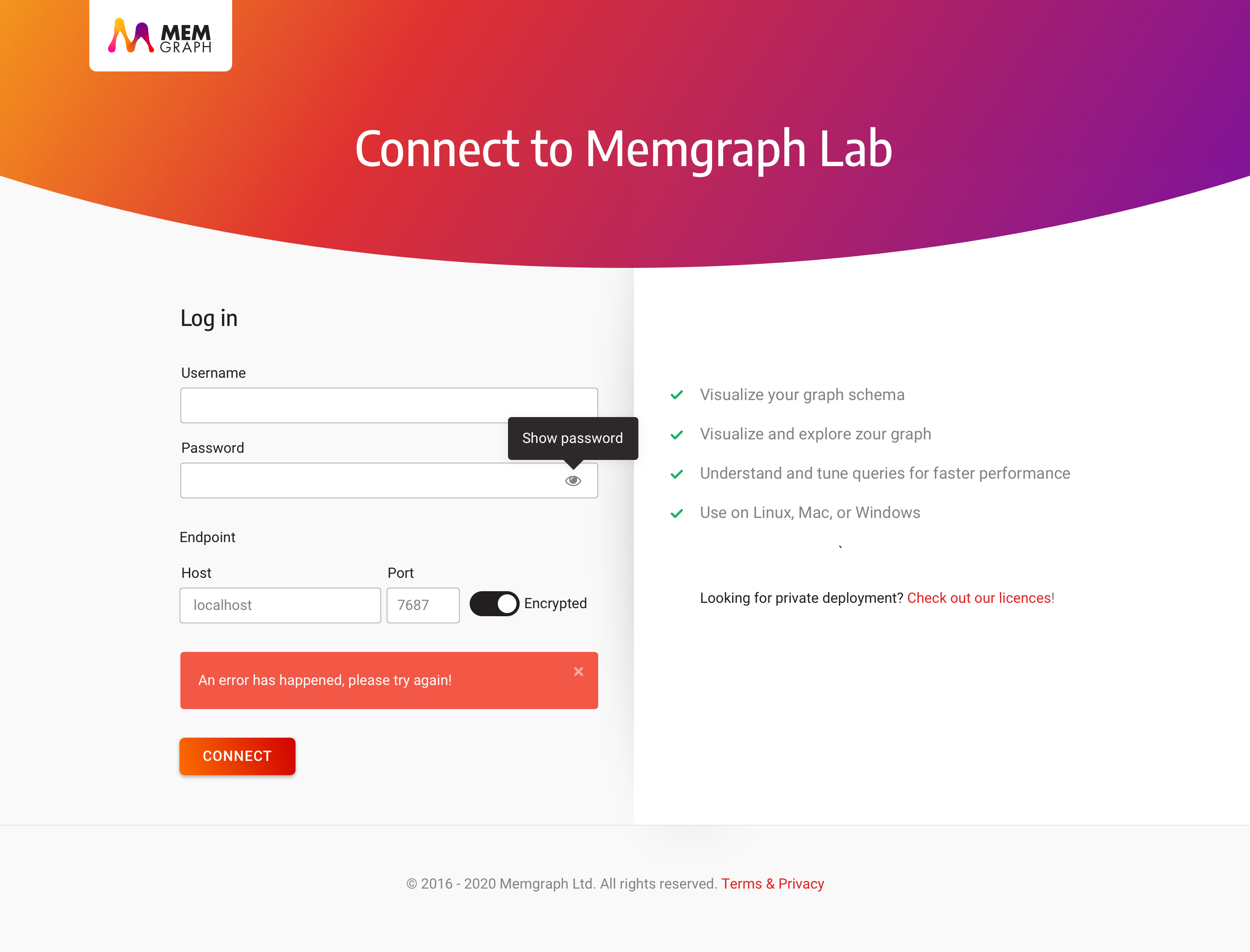Memgraph Lab UI - Login